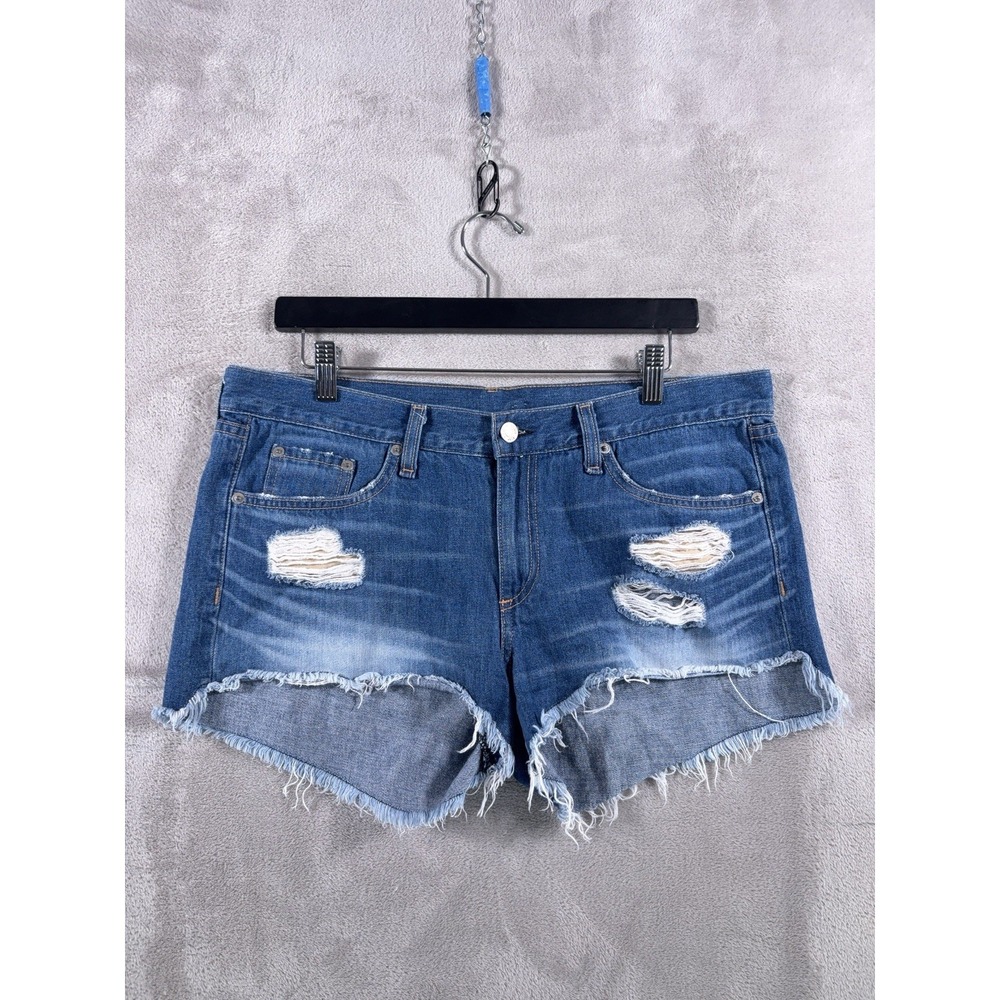 rag & bone High Rise Denim Shorts Womens Size 30 Blue Distressed Raw Hem‎